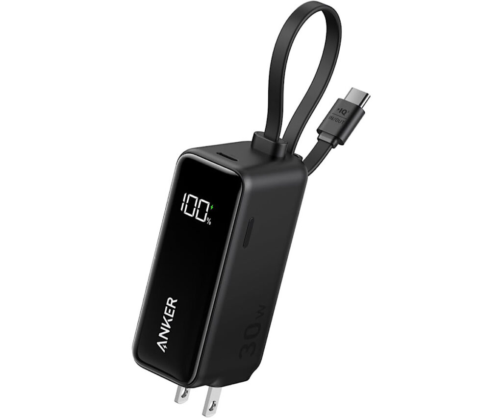 Anker Power Bank (30W, Fusion, Built-In USB-C ケーブル) (5000mAh 22.5W出力モバイルバッテリー搭載 30W出力USB充電器) / LEDディスプレイ搭載/USB-Cケーブル一体型/コンセント一体型/折りたたみ式プラグ 1台3役 (ブラック)